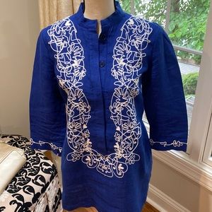Royal blue and white linen tunic